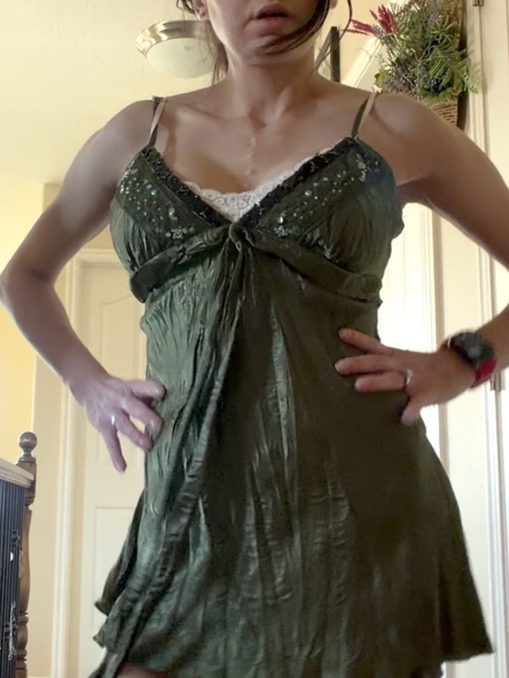 Olive Green Lace-Trim Satin Chemise Slip
